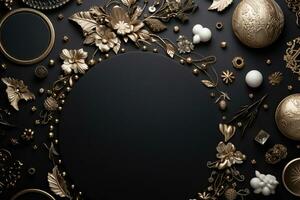 AI Generated luxury golden ornaments on black photo