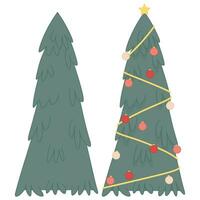 Flat green Christmas tree decorated and not vector