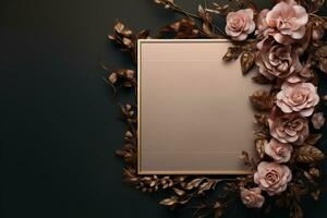 AI Generated Golden flower frame on dark photo