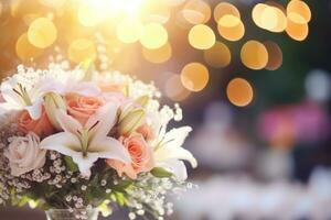 AI Generated Flower Background with Bokeh Lights and Copy Space photo