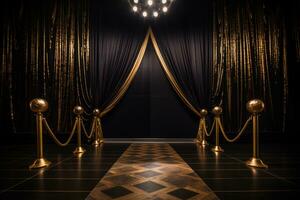 AI Generated Golden stage with glowing lights photo
