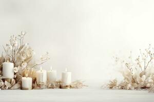 AI Generated peaceful white background with candles and flowers photo