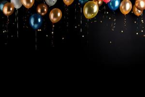 AI Generated celebration background with balloons on black photo