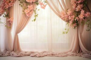 AI Generated Curtain Background with Flowers photo