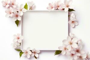 AI Generated flower frame on white with copy space photo