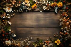 AI Generated flower frame on wood photo