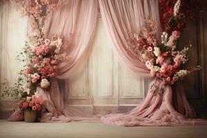 AI Generated Curtain Background with Flowers photo