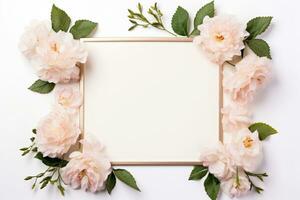 AI Generated flower frame on white with copy space photo