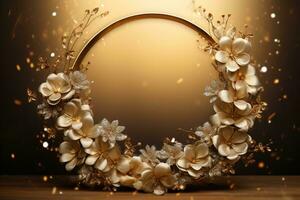 AI Generated golden floral frame with copy space photo