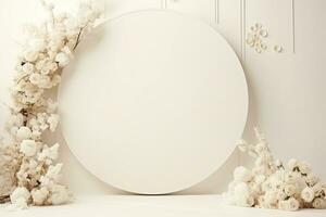 AI Generated modern circular background in white with flowers photo