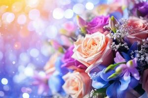 AI Generated Flower Background with Bokeh Lights and Copy Space photo