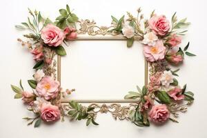 AI Generated flower frame on white with copy space photo