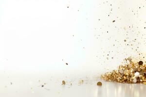 AI Generated golden glitter flakes on white photo