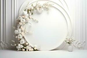 AI Generated modern circular background in white with flowers photo