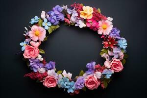 AI Generated flower wreath on black with copy space photo