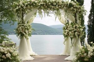 AI Generated Outdoor Wedding Arch with Flowers photo