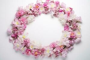 AI Generated flower wreath on white with copy space photo