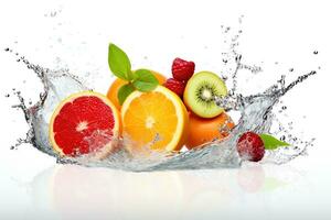 AI Generated fruits isolated on white with water splash photo