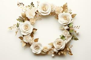 AI Generated flower wreath on white with copy space photo