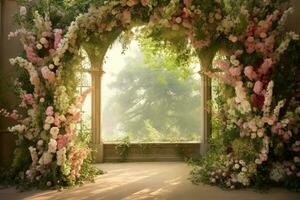 AI Generated Outdoor Wedding Arch with Flowers photo