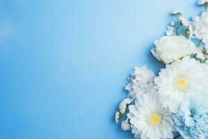 AI Generated Flowers on Blue with copy space photo