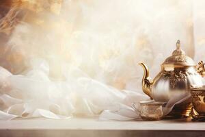 AI Generated golden tea pot with copy space photo