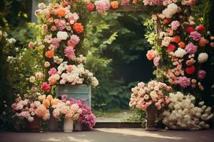 ai generado jardín arco con flores foto