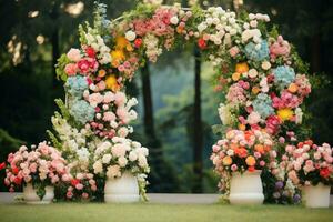 ai generado jardín arco con flores foto