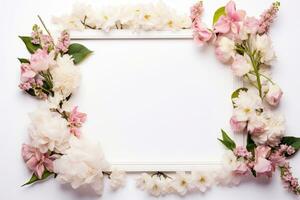 AI Generated flower frame on white with copy space photo