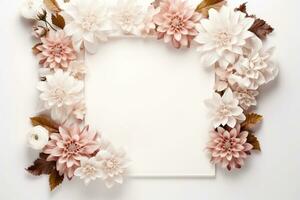 AI Generated flower frame on white with copy space photo