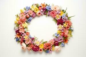 AI Generated flower wreath on white with copy space photo