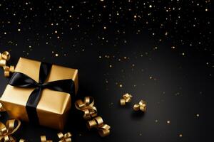 AI Generated Gift boxes with copy space on black photo
