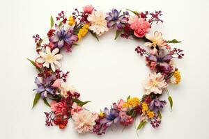 AI Generated flower wreath on white with copy space photo