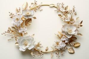 AI Generated flower wreath on white with copy space photo