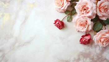 AI Generated Roses on Marble with Copy Space photo