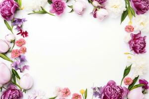 AI Generated flower frame on white with copy space photo