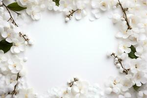 AI Generated flower frame on white with copy space photo