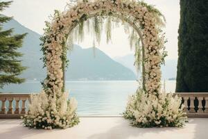 AI Generated Outdoor Wedding Arch with Flowers photo