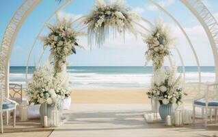 AI Generated Outdoor Wedding Arch with Flowers on Beach photo