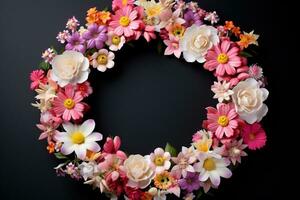 AI Generated flower wreath on white black copy space photo