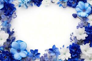 AI Generated blue flowers on white with copy space photo