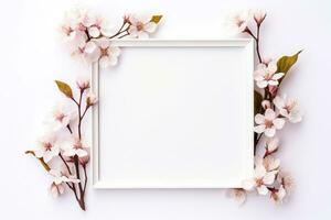 AI Generated flower frame on white with copy space photo