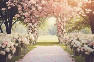 ai generado jardín arco con flores foto