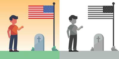 Son standing proudly beside an American flag flat style vector illustration, Guy standing next to an American flag and headstone, tombstone, or gravestone stock vector image