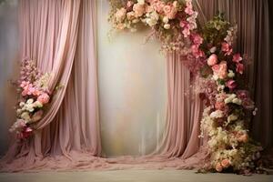 AI Generated Curtain Background with Flowers photo