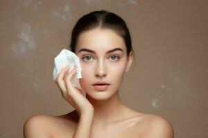 Young woman cleaning her face with cotton pad. Generate Ai photo