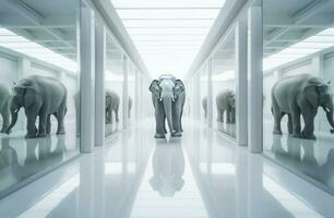 Elephant mirror surreal room with ceramic floor. Generate Ai photo