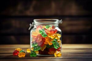 Gummy bears open jar. Generate Ai photo