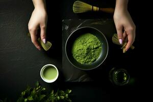 Woman preparing matcha tea at black table nature. Generate Ai photo