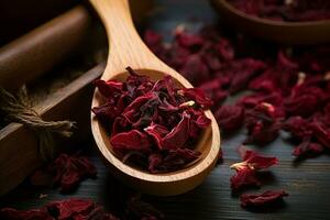 Wooden spoon with dry hibiscus tea detox. Generate Ai photo